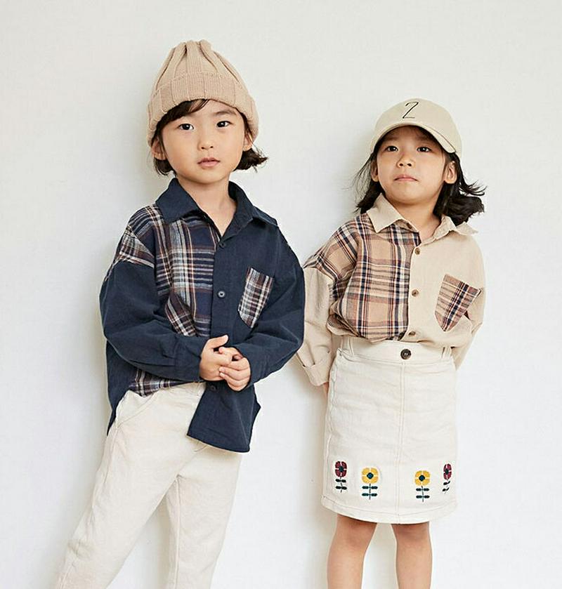【新作10%OFF】コントラストチェック柄シャツ・u05280 キッズ【3~8才】【bl】【トップス シャツ 長袖 ロングスリー