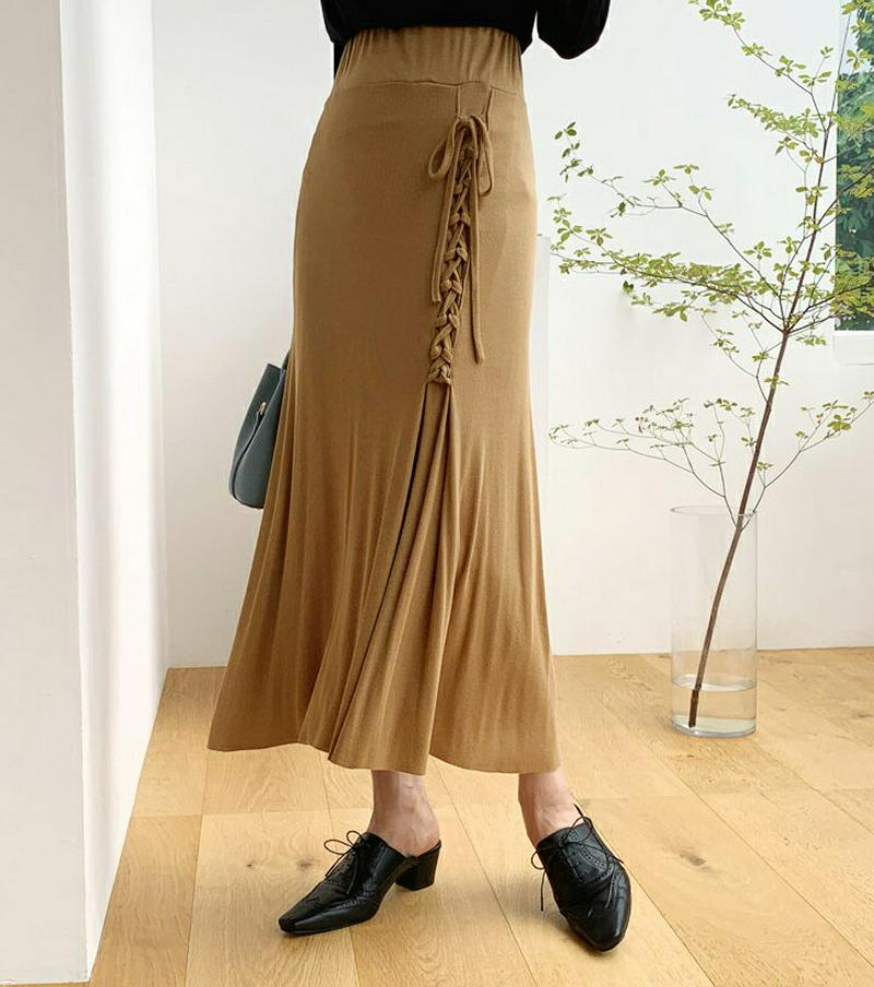 【新作10%OFF】レースアップリブスカート・全3色・t56776 レディース【sk】【韓国 ファッション ボトムス スカート 