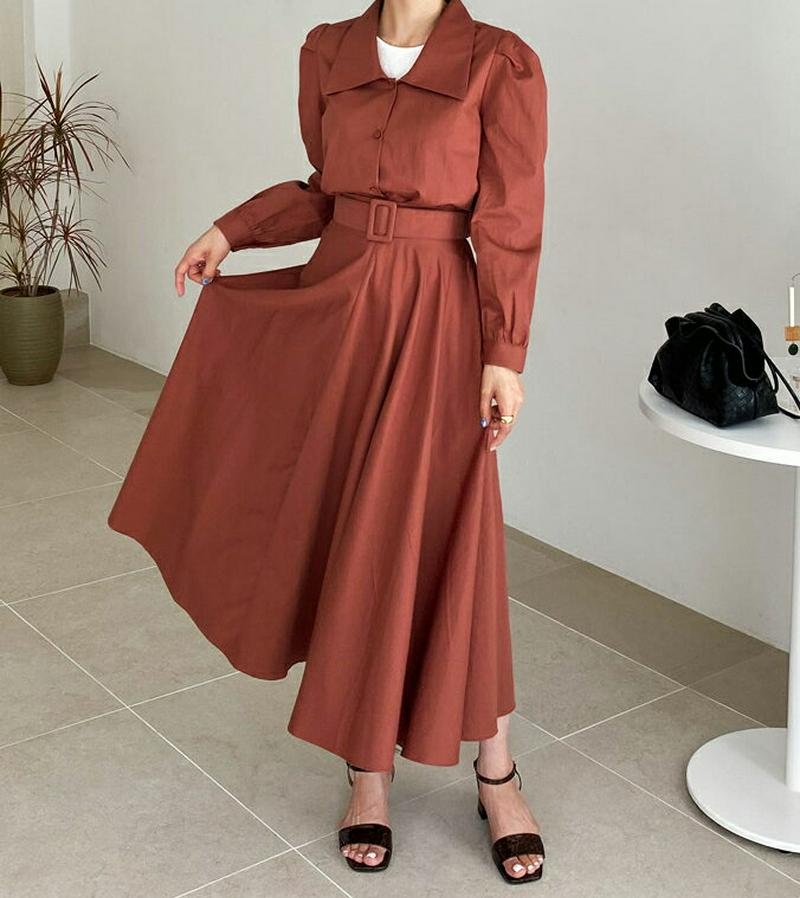 【新作10%OFF】ビッグカラーパフブラウス&ベルト付フレアスカートSET・全3色・t56760 レディース【ops】【韓国 フ