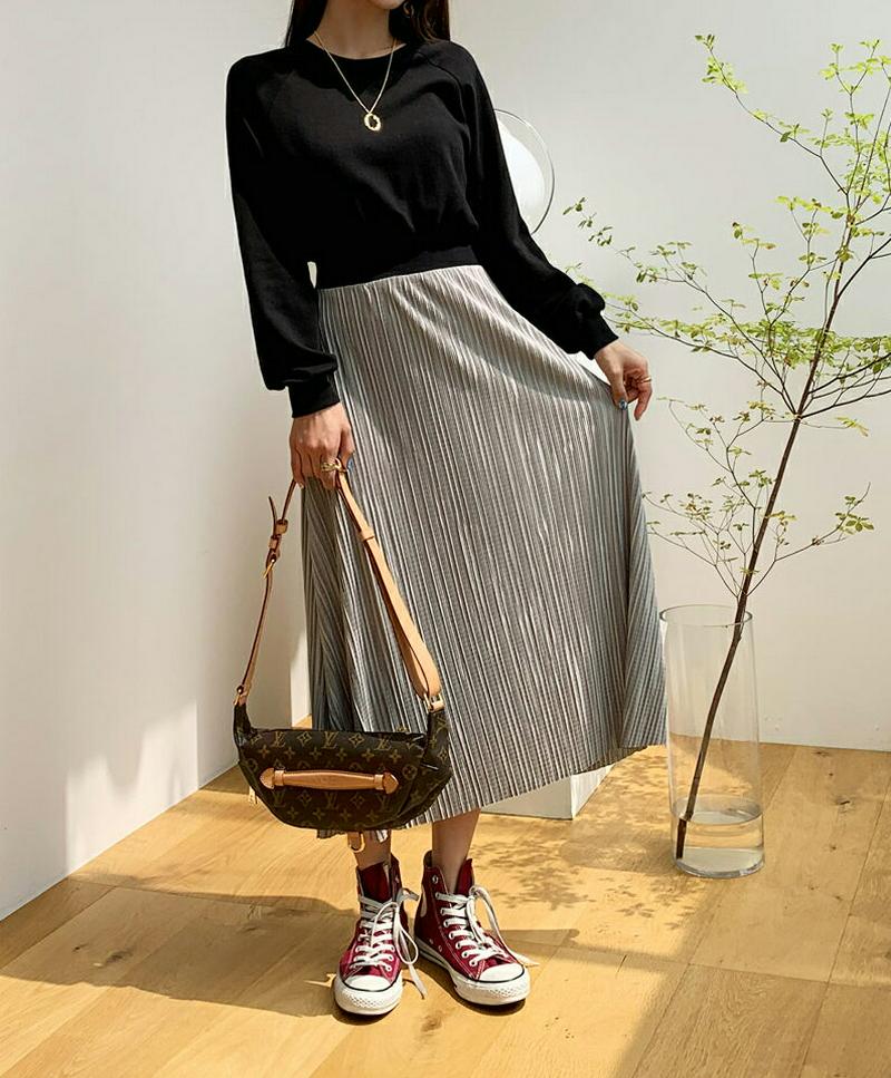 ≪人気商品再入荷≫プリーツ配色ワンピース・全3色・b56787 レディース【ops】 異素材ミックス 韓国ファッション ワンピース ロング丈 プリーツ 配色 ラウンドネック ラグランスリーブ 長袖 シンプル ラフ 楽ちん バイカラー スウェット 春 秋