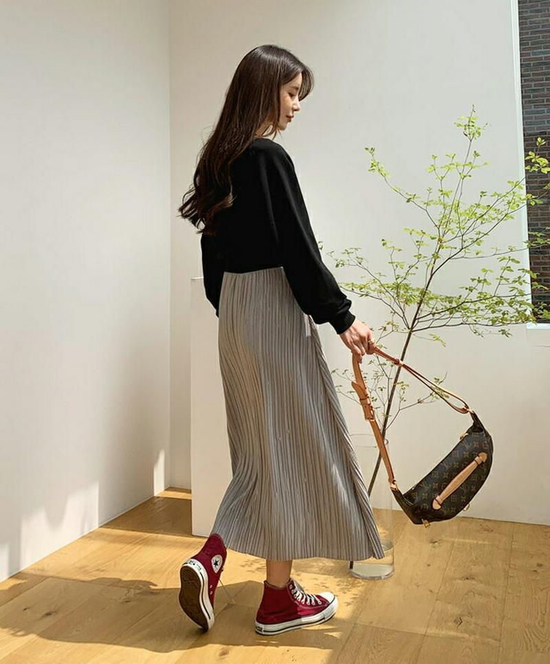 ≪人気商品再入荷≫プリーツ配色ワンピース・全3色・b56787 レディース【ops】 異素材ミックス 韓国ファッション ワンピース ロング丈 プリーツ 配色 ラウンドネック ラグランスリーブ 長袖 シンプル ラフ 楽ちん バイカラー スウェット 春 秋