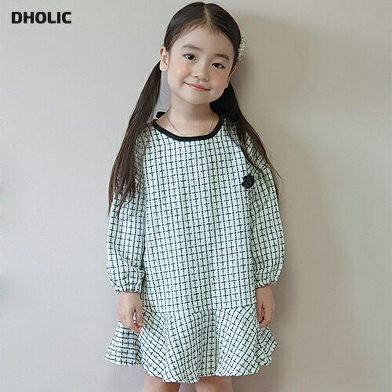 【新作10%OFF】フレアヘムチェック柄ワンピース・u05412 キッズ【3~8才】【ops】【ワンピース 長袖 ラウンドネック