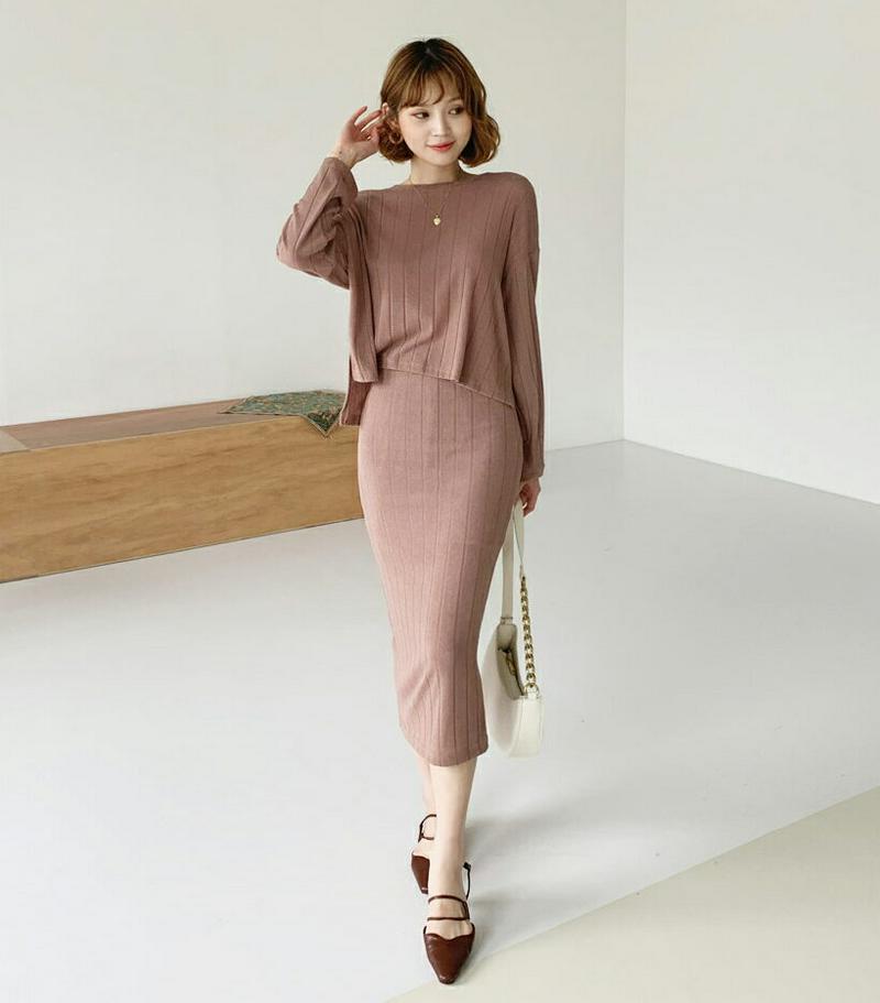 【新作10%OFF】リブTシャツ&スカートSET・全3色・b47966 レディース【ops】【韓国 ファッション セットアップ 