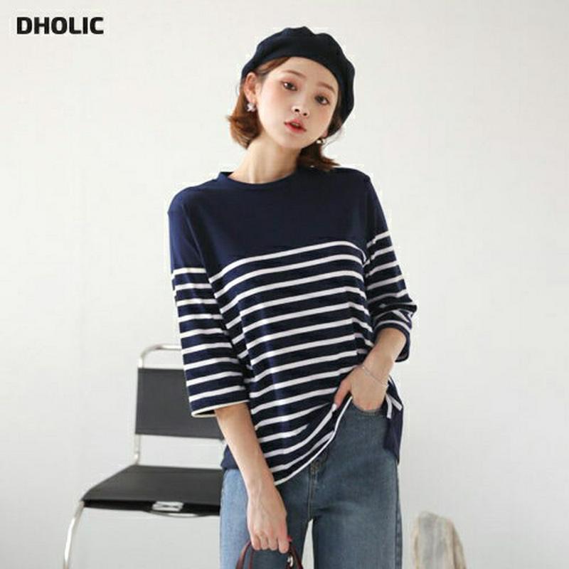 【新作10%OFF】ボーダーラウンドTシャツ・全3色・t47952 レディース【tops】【韓国 ファッション トップス Tシャ