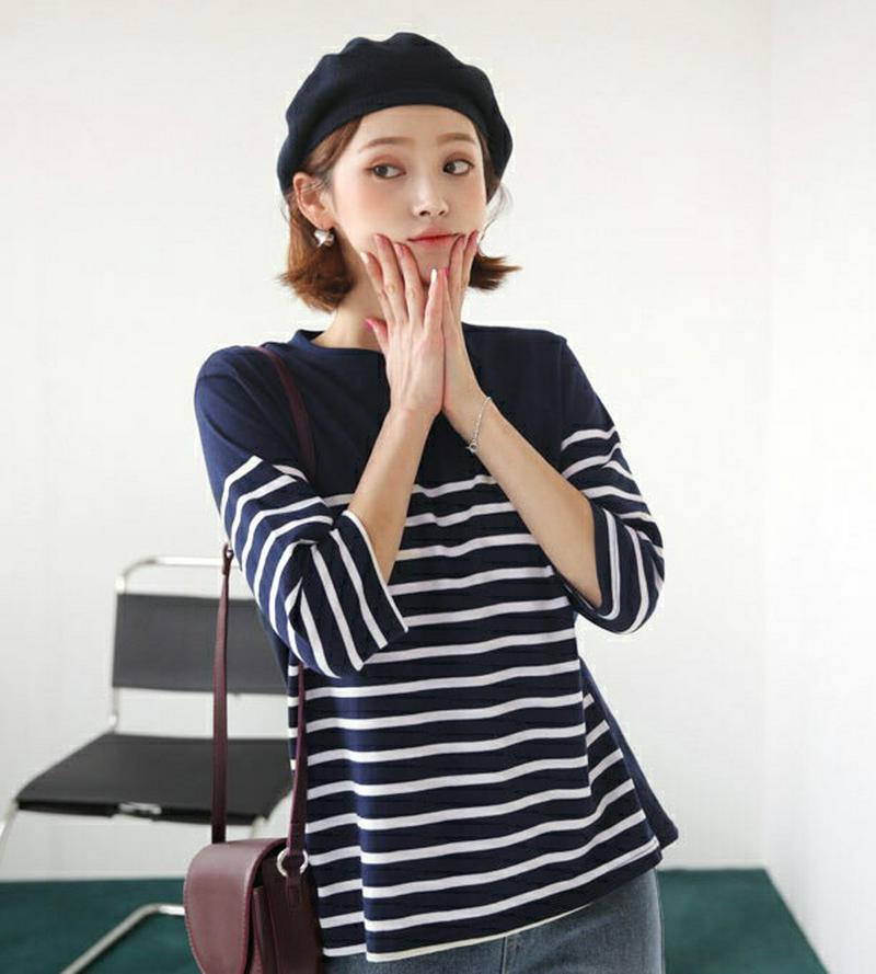 【新作10%OFF】ボーダーラウンドTシャツ・全3色・t47952 レディース【tops】【韓国 ファッション トップス Tシャ
