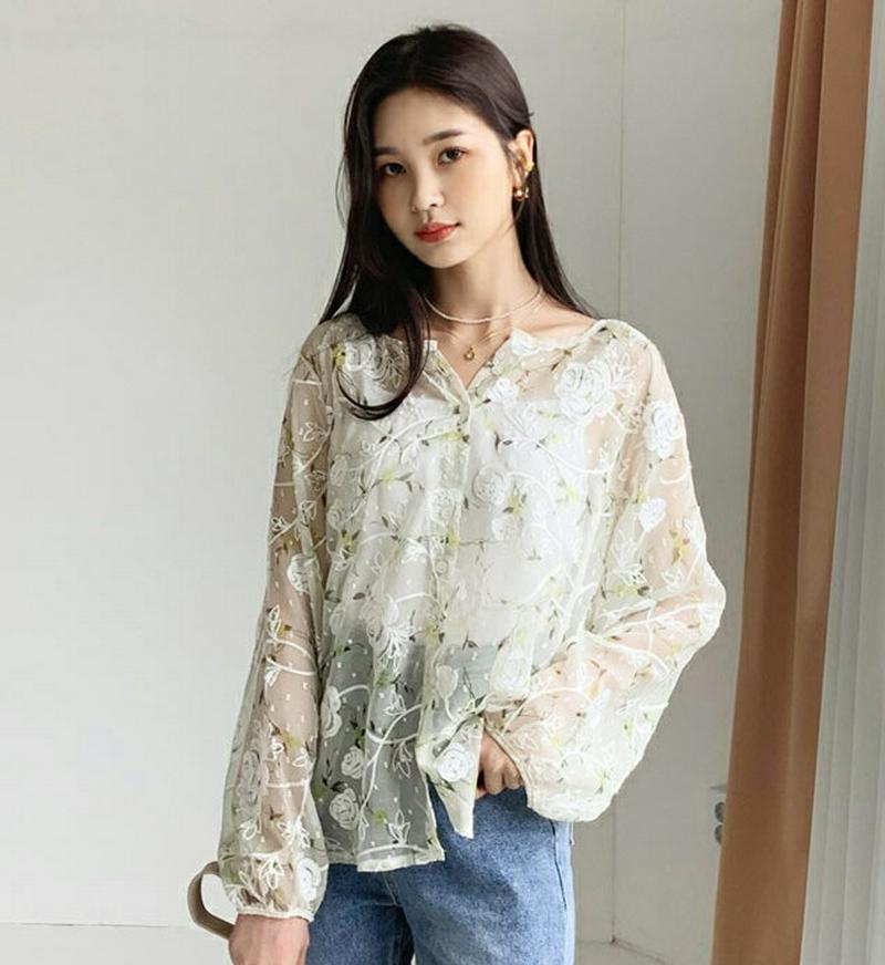 【新作10%OFF】フラワー刺繍シアーブラウス・全1色・b47960 レディース【bl】【韓国 ファッション トップス ブラウス