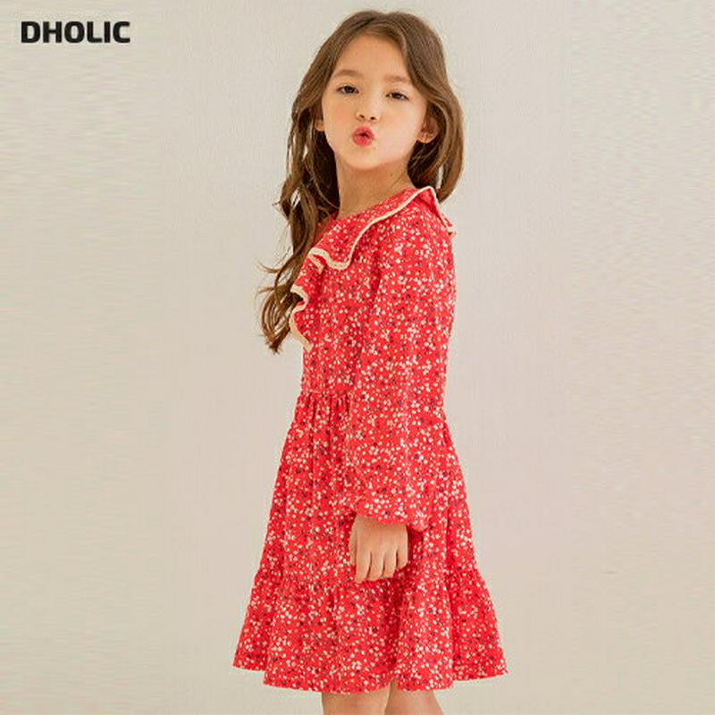 ラッフルカラーパターンワンピース・p005515 キッズ【3~8才】【ops】【ワンピース ミディ丈 ミディワンピース 長袖 ラ