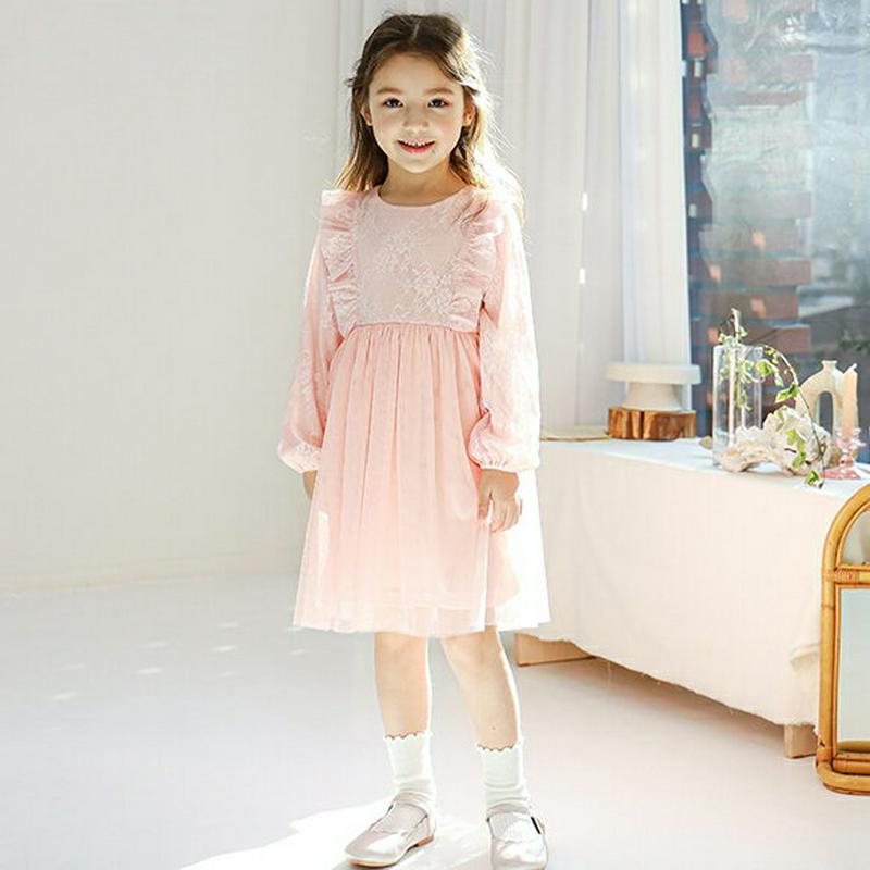 フラワーレースチュールワンピース・p005514 キッズ【3~8才】【ops】【ワンピース ミディ丈 ミディワンピース 長袖 チ