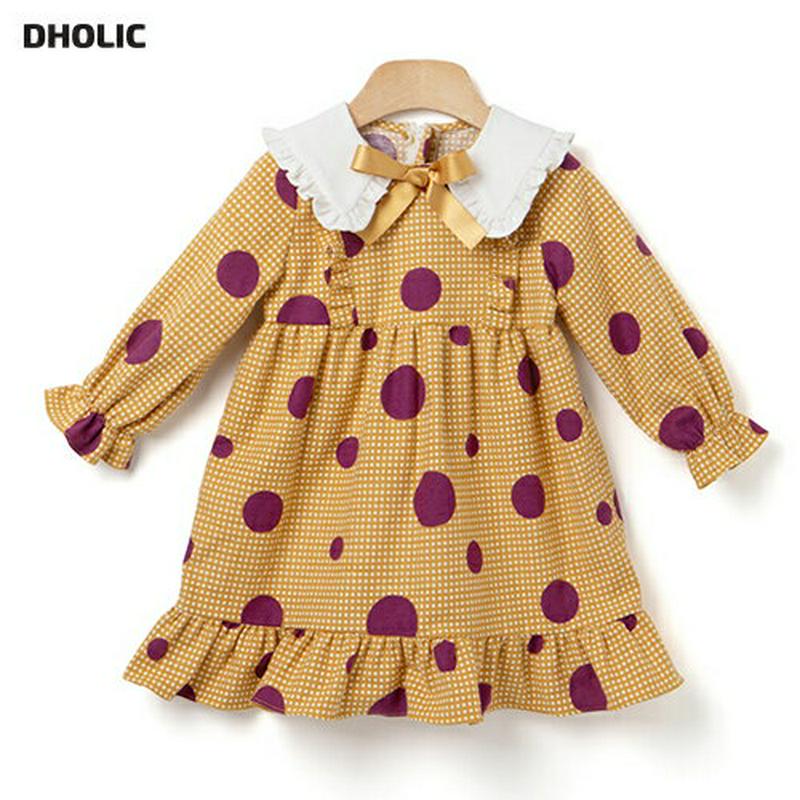 レースカラーリボンドットワンピース・p005402 キッズ【3~8才】【ops】【ワンピース 長袖 ドット 柄 レース ガーリー 可愛い かわいい リボン りぼん 春 秋 女の子 韓国 韓国子供服 子供 こども 子供服 こども服】【KIDS】