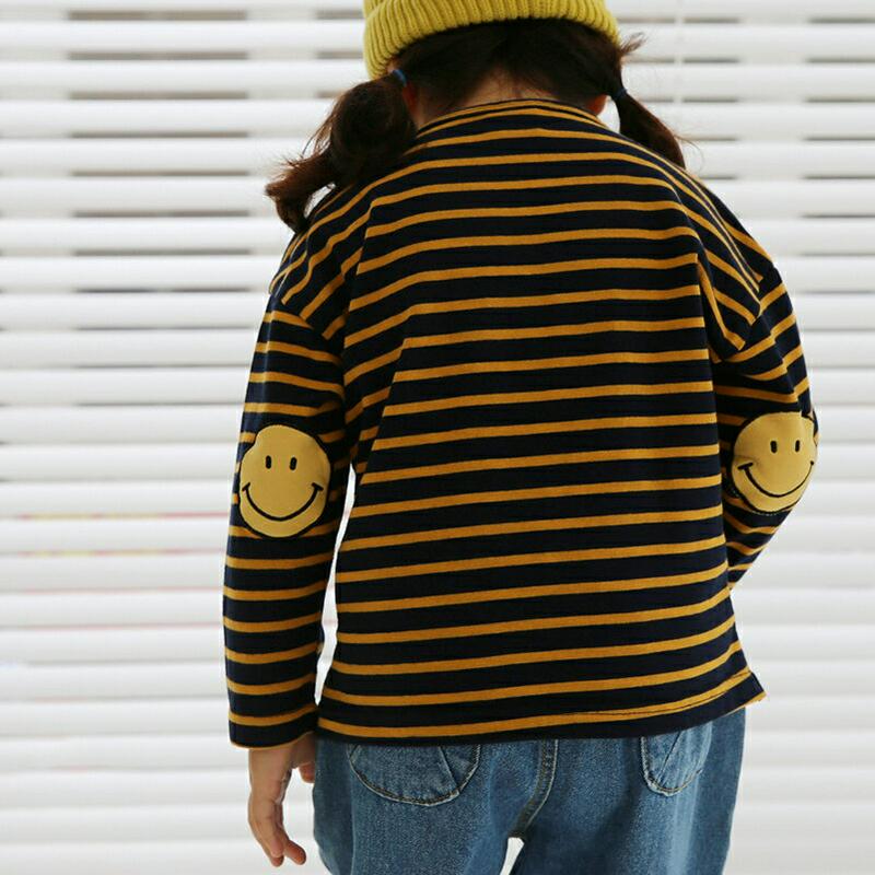 スマイルパッチボーダーTシャツ・u05303 キッズ【3~8才】【tops】【トップス Tシャツ 長袖 ボーダー 柄 スマイル 