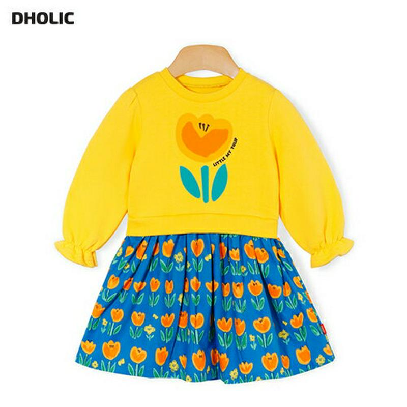 チューリップドッキングワンピース・p005403 キッズ【3~8才】【ops】【ワンピース ミディ丈 ミディワンピース 長袖 チューリップ 花 フラワー 可愛い かわいい 総柄 レトロ 女の子 春 秋 韓国 韓国子供服 子供 こども 子供服 こども服】【KIDS】