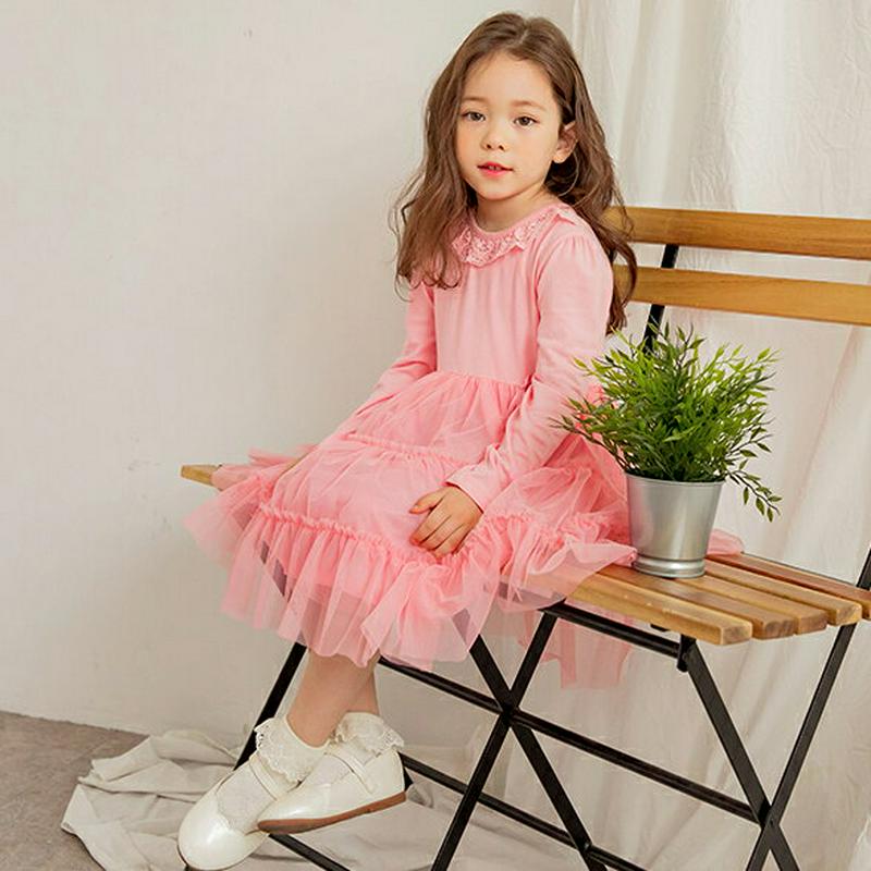 【新作10%OFF】チュールラッフルネックワンピース(ピンク)・p005512 キッズ【3~8才】【ops】【ワンピース ロング