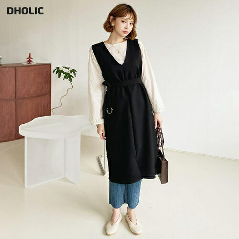 【新作10%OFF】ベルト付Vネックワンピース・全4色・b47965 レディース【ops】【韓国 ファッション ワンピース ミデ