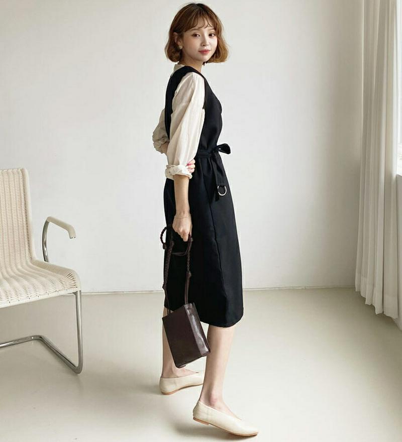 【新作10%OFF】ベルト付Vネックワンピース・全4色・b47965 レディース【ops】【韓国 ファッション ワンピース ミデ