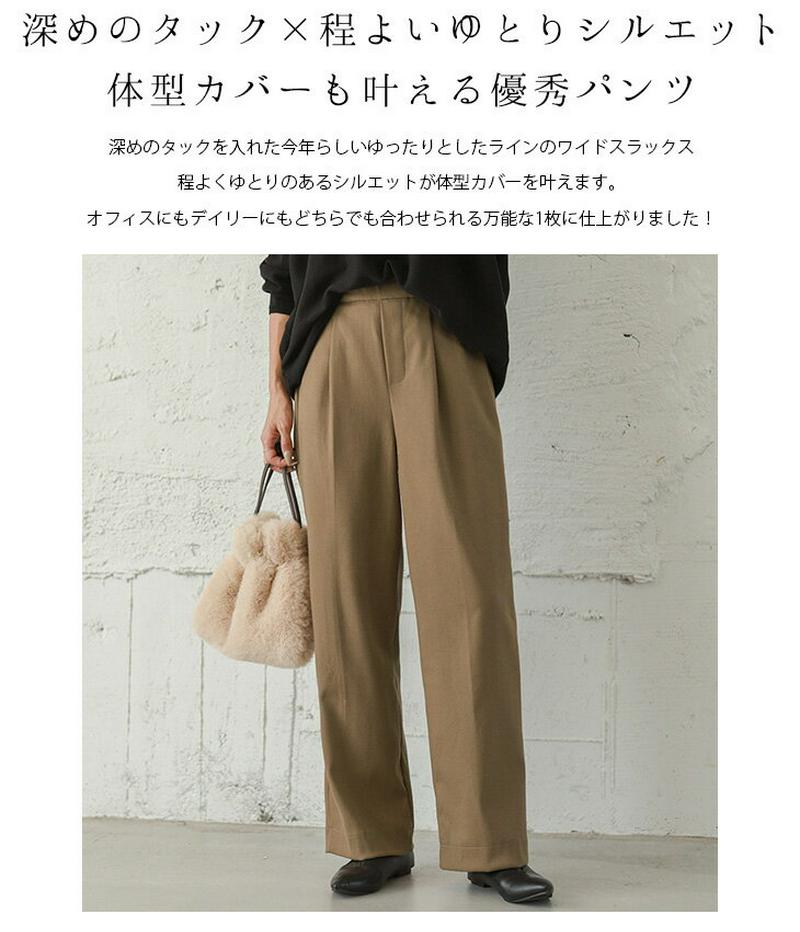 タックワイドパンツ ワイドパンツ レディース 楽ちん ゆったり 体型カバー きれいめ ウエストゴム 大人 仕事 オフィス ボトムス 無地 ブラック 2021秋冬新作 M/L 【lgww-at3665】【即納：1-5営業日】【送料無料】宅込