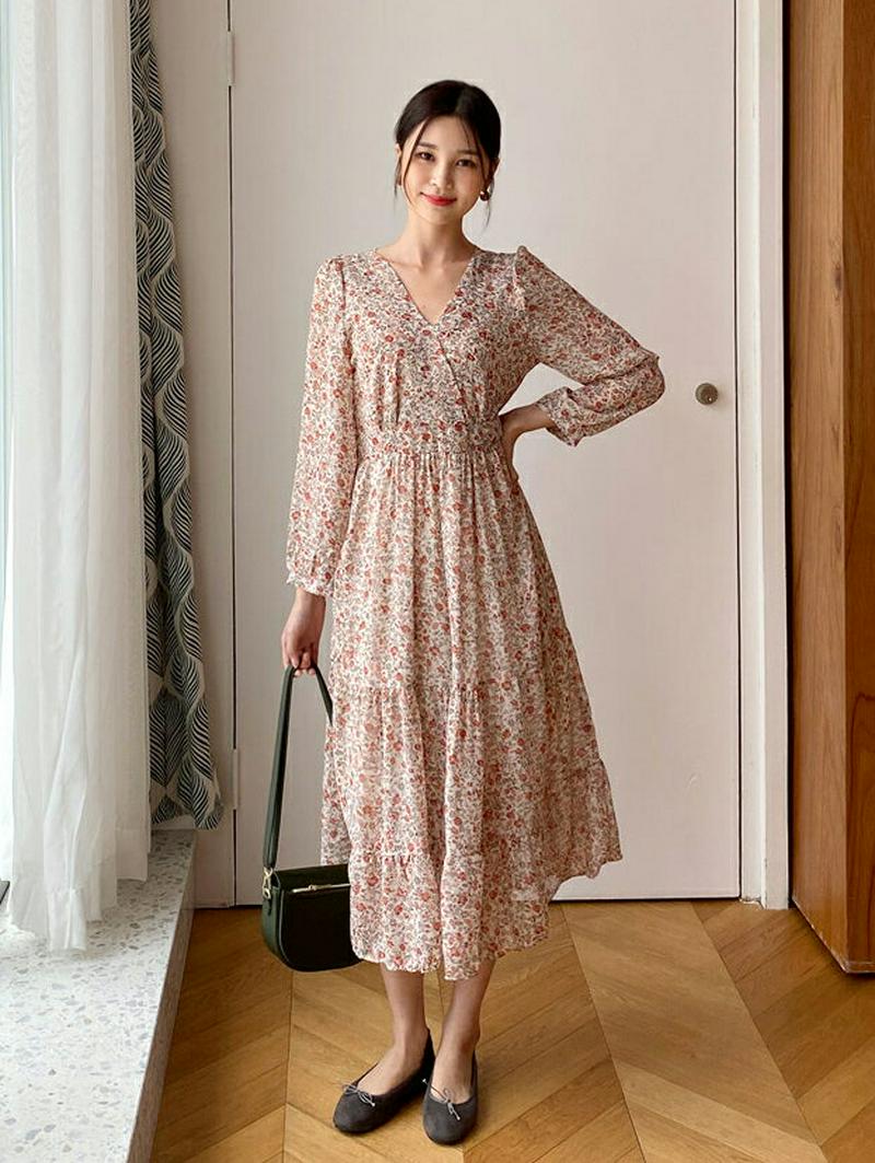 【新作10%OFF】Vネック花柄ワンピース・全2色・t60743 レディース【ops】【韓国 ファッション ワンピース ロングワ