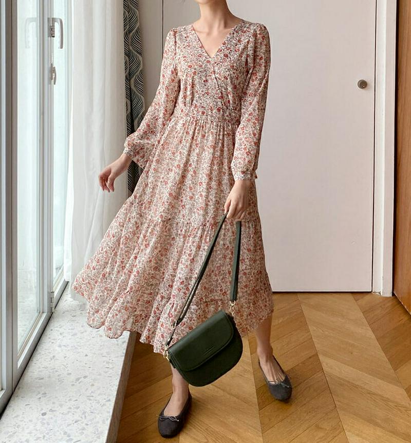 【新作10%OFF】Vネック花柄ワンピース・全2色・t60743 レディース【ops】【韓国 ファッション ワンピース ロングワ