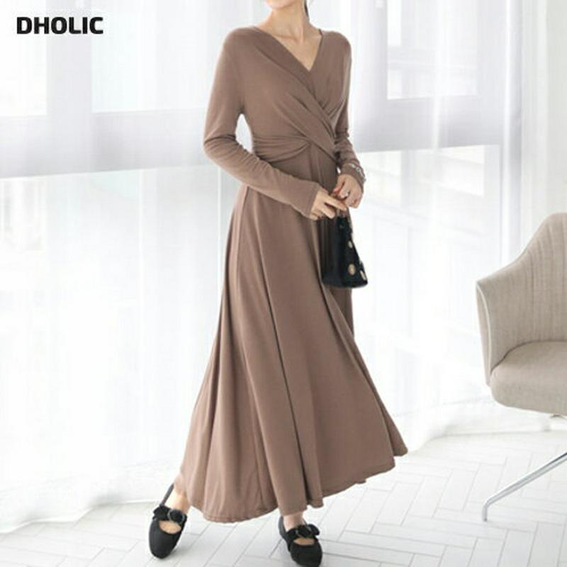 ≪人気商品再入荷≫Vネックツイストワンピース・全3色・b60744 レディース【ops】 韓国ファッション ワンピース ロング丈 長袖 ロングスリーブ Vネック 鎖骨 デコルテ ツイスト スリム シンプル カジュアル 単色 春 秋