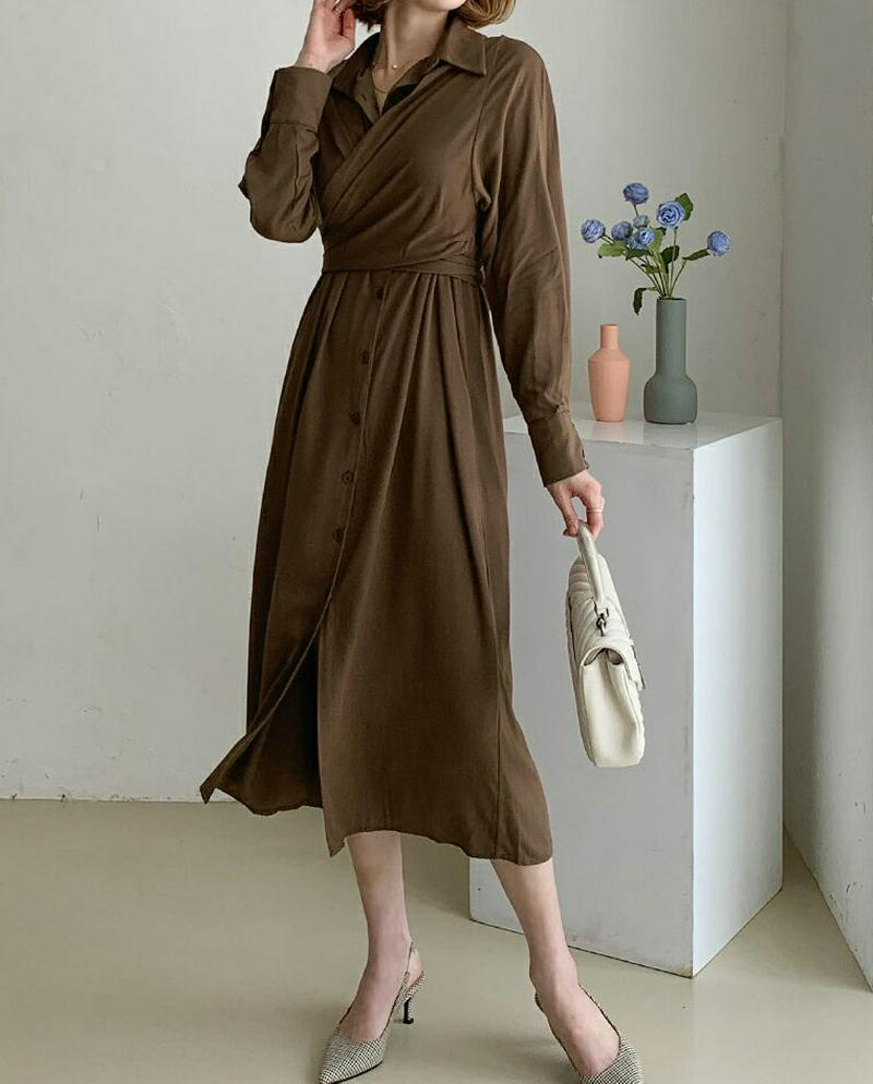 ラップシャツワンピース・全3色・t60935 レディース【ops】【韓国 ファッション ワンピース ロングワンピース ワイドリボ