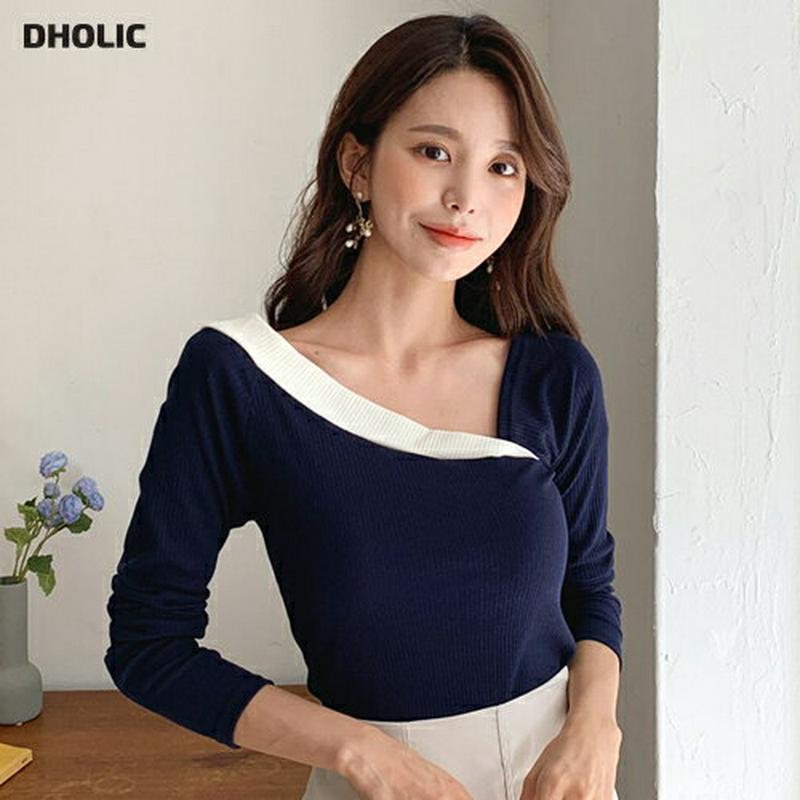 配色アンバランスネックTシャツ・全2色・t60925 レディース【tops】【韓国 ファッション トップス Tシャツ ロングスリ
