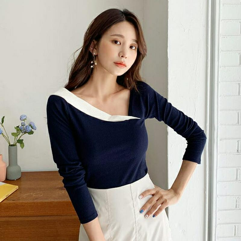 配色アンバランスネックTシャツ・全2色・t60925 レディース【tops】【韓国 ファッション トップス Tシャツ ロングスリ
