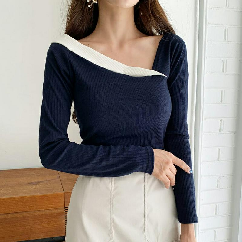 配色アンバランスネックTシャツ・全2色・t60925 レディース【tops】【韓国 ファッション トップス Tシャツ ロングスリ