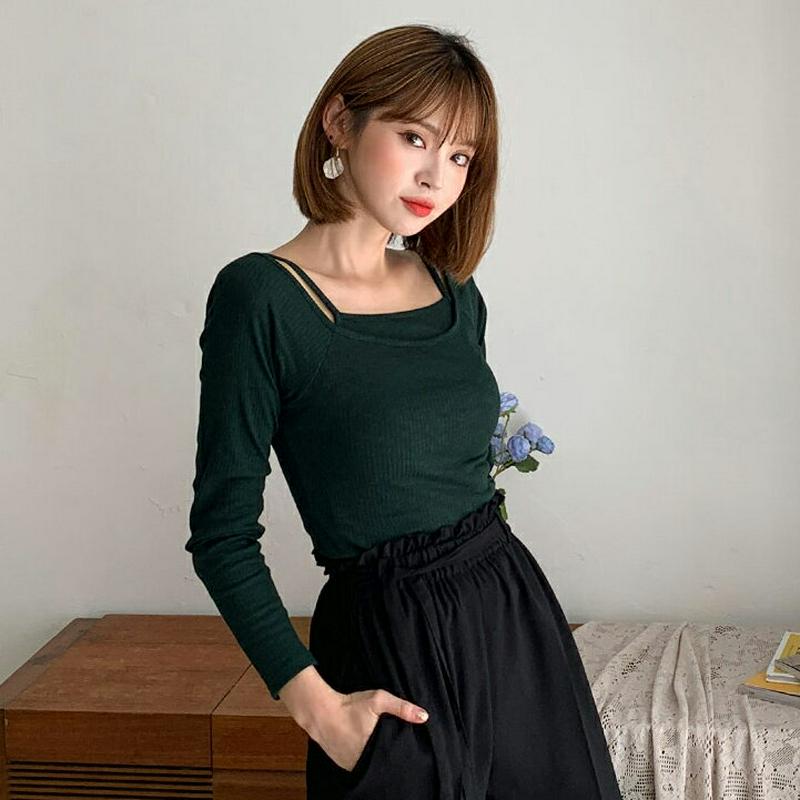 スクエアリブキャミ&TシャツSET・全4色・t60922 レディース【tops】【韓国 ファッション トップス Tシャツ キャミ