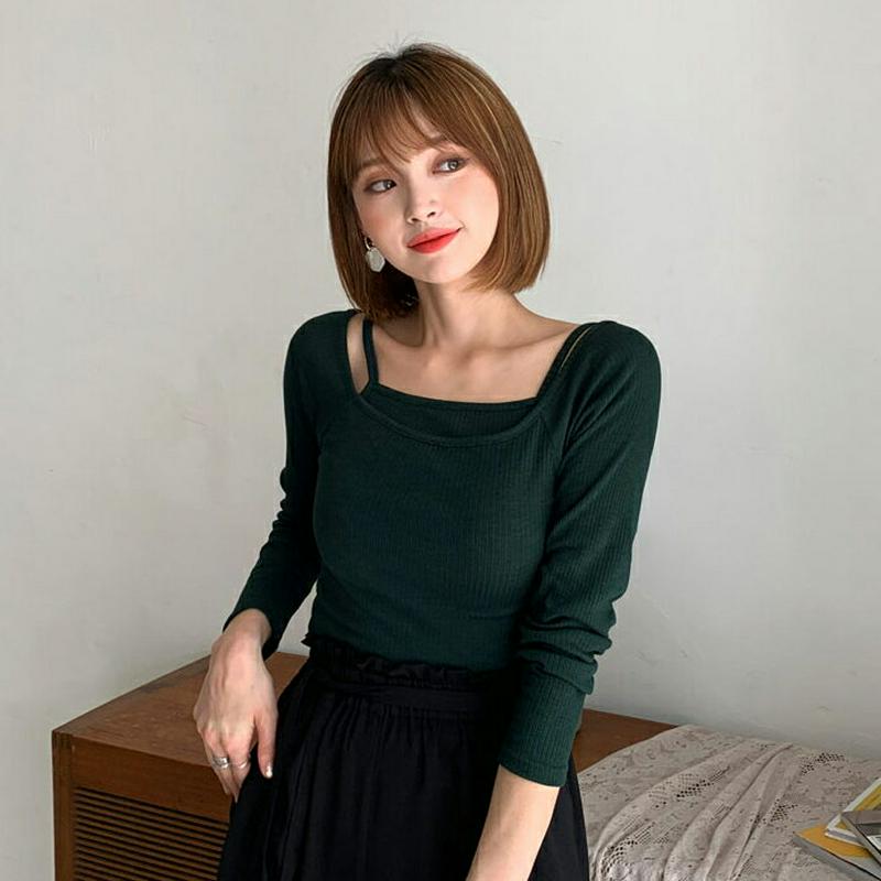 スクエアリブキャミ&TシャツSET・全4色・t60922 レディース【tops】【韓国 ファッション トップス Tシャツ キャミ