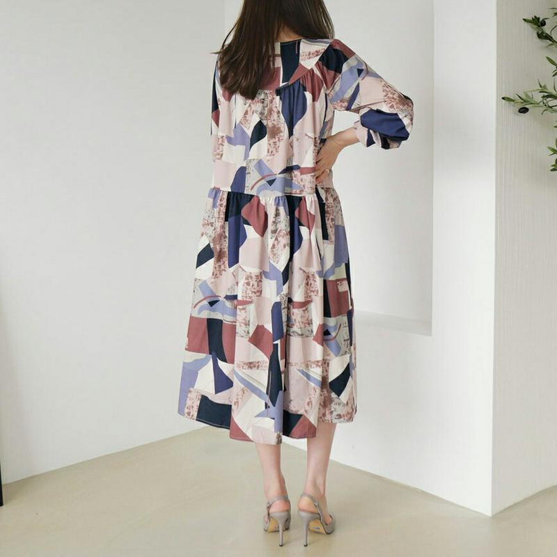 ユニークパターンワンピース・全2色・b63968 レディース【ops】【ワンピース ロング ロングワンピース 長袖 総柄 ユニー