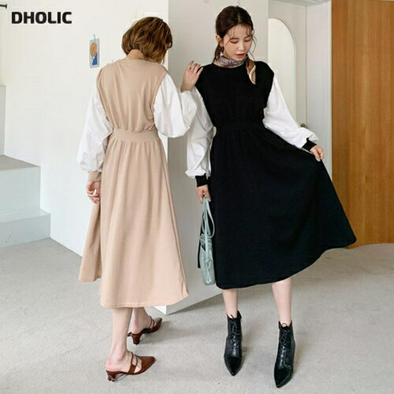 配色スウェットワンピース・全3色・b60933 レディース【ops】【韓国 ファッション ワンピース ロングワンピース 長袖 パフスリーブ 配色 コントラスト スウェット ウエストゴム 楽ちん シンプル カジュアル 春 秋】