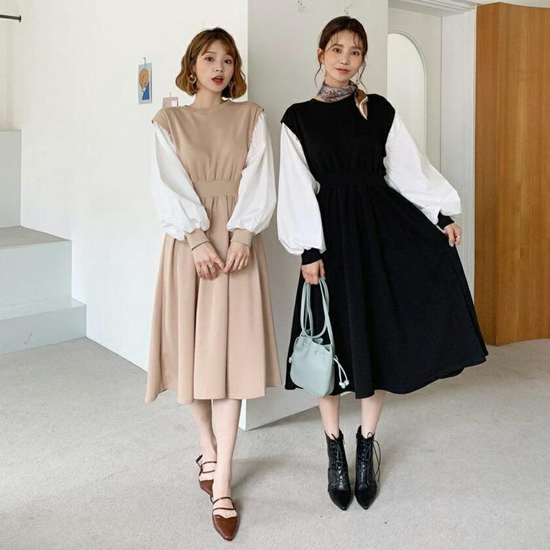 配色スウェットワンピース・全3色・b60933 レディース【ops】【韓国 ファッション ワンピース ロングワンピース 長袖 パフスリーブ 配色 コントラスト スウェット ウエストゴム 楽ちん シンプル カジュアル 春 秋】