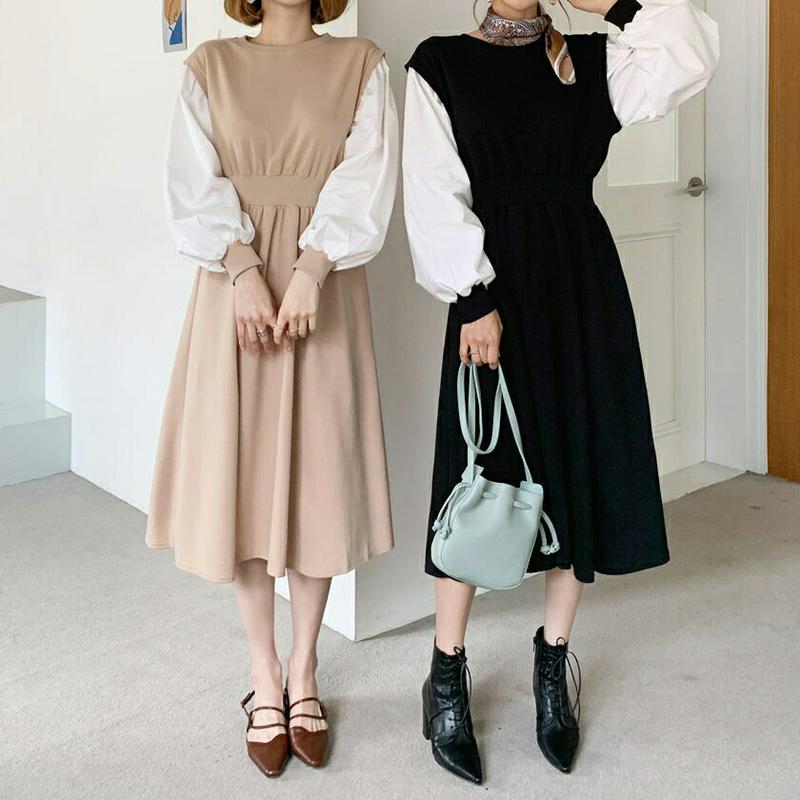 配色スウェットワンピース・全3色・b60933 レディース【ops】【韓国 ファッション ワンピース ロングワンピース 長袖 パフスリーブ 配色 コントラスト スウェット ウエストゴム 楽ちん シンプル カジュアル 春 秋】