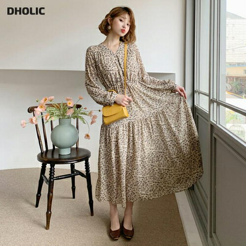 Vネックドロスト花柄ワンピース・全2色・b60934 レディース【ops】【韓国 ファッション ワンピース ロングワンピース 長袖 ロングスリーブ Vネック 鎖骨 デコルテ ドロスト ストリング 花柄 シフォン 揺れ感 大人 春 秋】