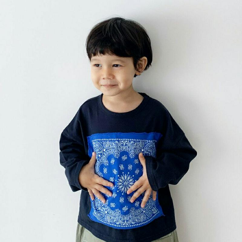 ペイズリーパッチ長袖Tシャツ・u05688 キッズ【3~8才】【tops】【トップス Tシャツ 長袖 ロンT ペイズリー柄 バン