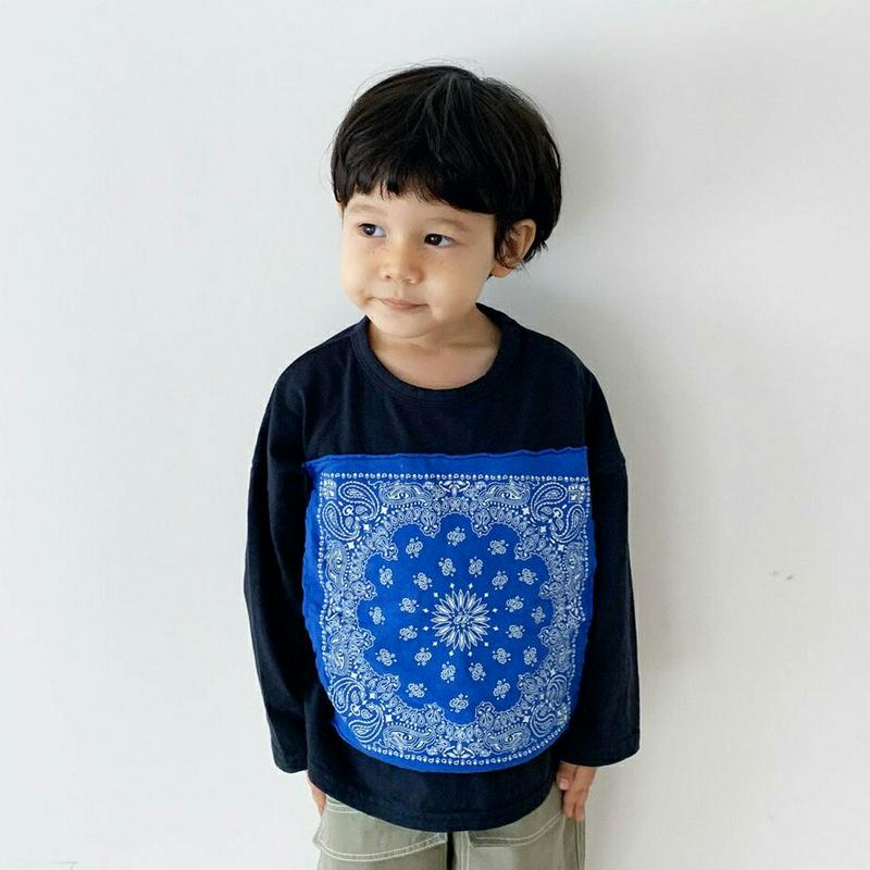 ペイズリーパッチ長袖Tシャツ・u05688 キッズ【3~8才】【tops】【トップス Tシャツ 長袖 ロンT ペイズリー柄 バン
