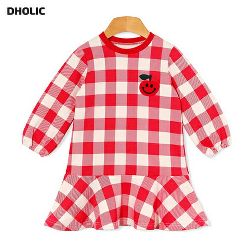 アップルチェック柄ワンピース・p005583 キッズ【3~8才】【ops】【ワンピース ロングスリーブ 長袖 ラウンドネック アップル 果物 チェック柄 ブロックチェック ガーリー かわいい 女の子 韓国 韓国子供服 子供 こども 子供服 こども服】【KIDS】