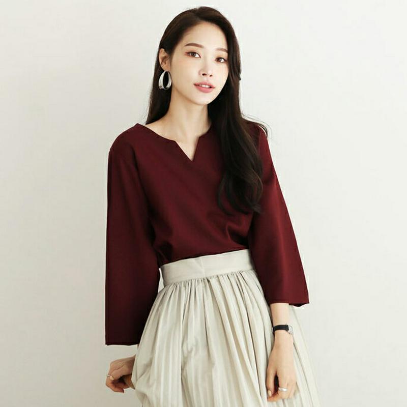 【新作10%OFF】Vカットラウンドネックブラウス・全3色・b63809 レディース【bl】【トップス ブラウス 七分丈 七分袖