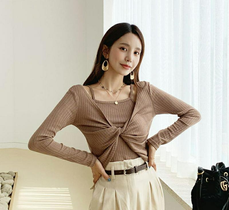 【新作10%OFF】リブキャミ&ツイストTシャツSET・全4色・t56806 レディース【tops】【韓国 ファッション トップ