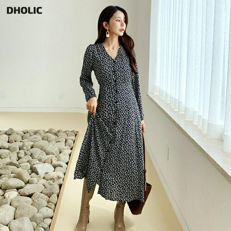 【新作10%OFF】ボタンロング花柄ワンピース・全2色・t56814 レディース【ops】【韓国 ファッション ワンピース ロン