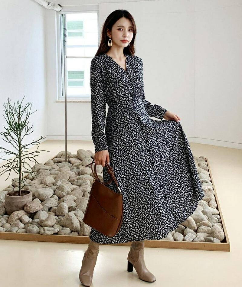 【新作10%OFF】ボタンロング花柄ワンピース・全2色・t56814 レディース【ops】【韓国 ファッション ワンピース ロン