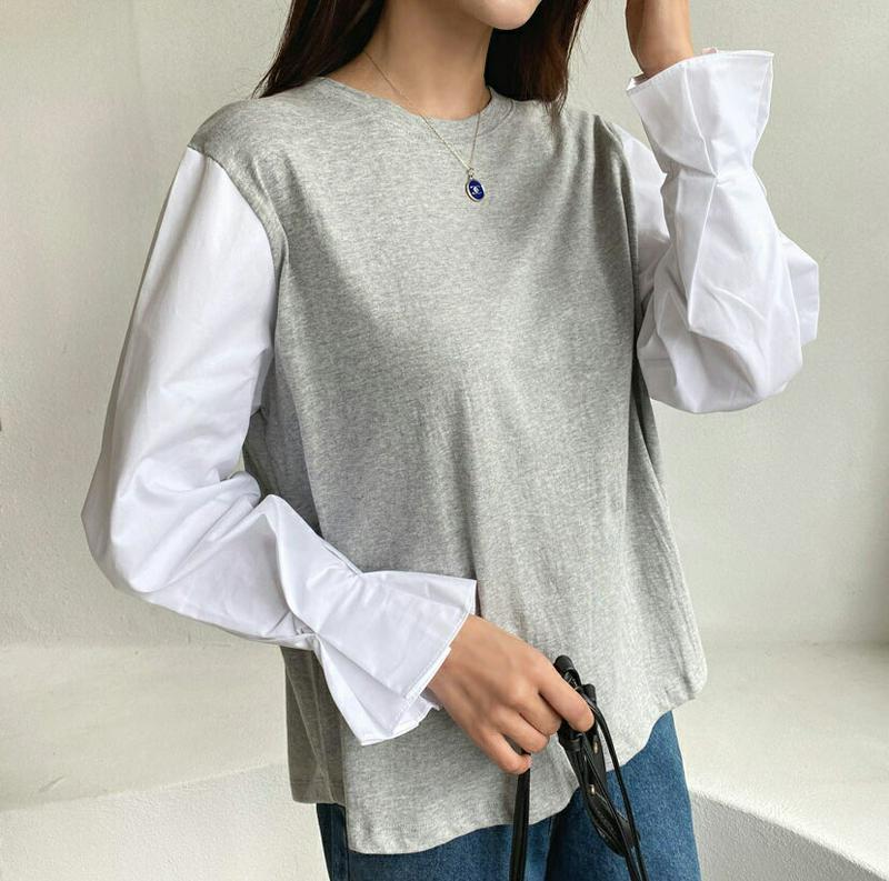 スリーブタックコントラストTシャツ・全3色・b48068 レディース【tops】【韓国 ファッション トップス Tシャツ ロング