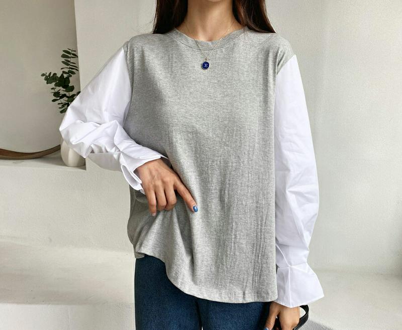 スリーブタックコントラストTシャツ・全3色・b48068 レディース【tops】【韓国 ファッション トップス Tシャツ ロング