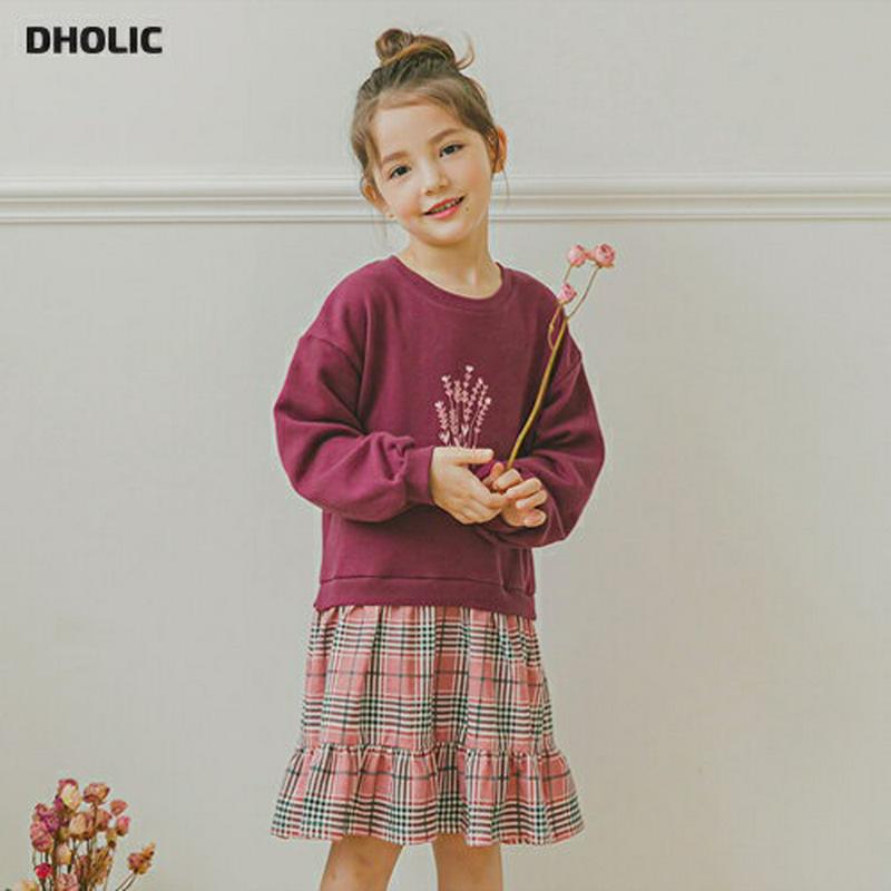 スウェット切替チェックワンピース(ピンク)・p006024 キッズ【3~8才】【ops】【ワンピース ミディ丈 ミディワンピース 長袖 スウェット 切り替え チェック柄 ガーリー かわいい 女の子 韓国 韓国子供服 子供 こども 子供服 こども服】【KIDS】