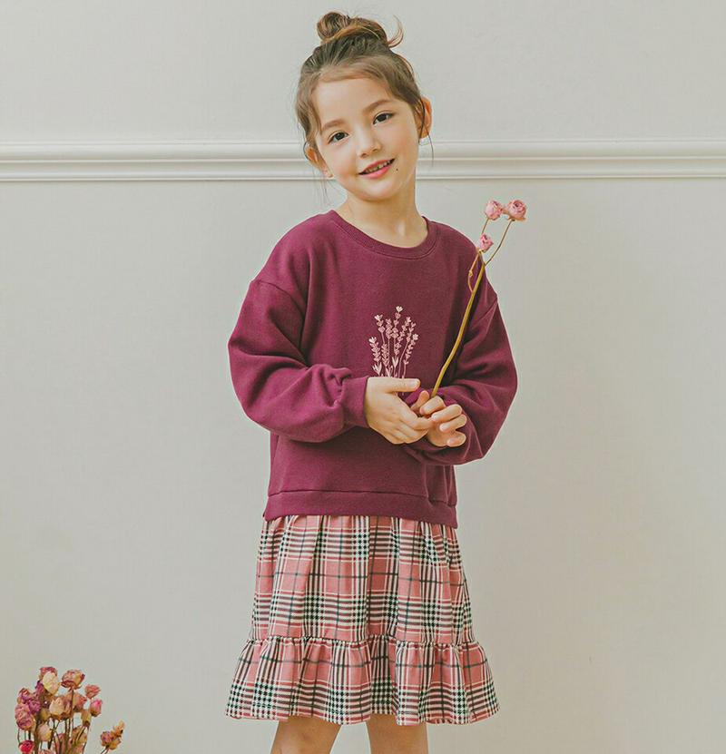 スウェット切替チェックワンピース(ピンク)・p006024 キッズ【3~8才】【ops】【ワンピース ミディ丈 ミディワンピース 長袖 スウェット 切り替え チェック柄 ガーリー かわいい 女の子 韓国 韓国子供服 子供 こども 子供服 こども服】【KIDS】