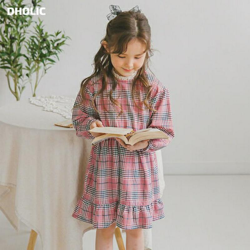 レースネックチェック柄ワンピース・p006027 キッズ【3~8才】【ops】【ワンピース ミディ丈 ミディワンピース 長袖 レース レースネック チェック柄 ガーリー かわいい 女の子 韓国 韓国子供服 子供 こども 子供服 こども服】【KIDS】