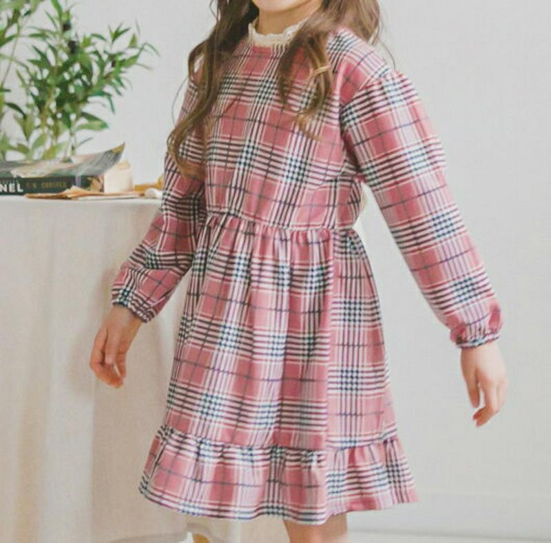 レースネックチェック柄ワンピース・p006027 キッズ【3~8才】【ops】【ワンピース ミディ丈 ミディワンピース 長袖 レース レースネック チェック柄 ガーリー かわいい 女の子 韓国 韓国子供服 子供 こども 子供服 こども服】【KIDS】