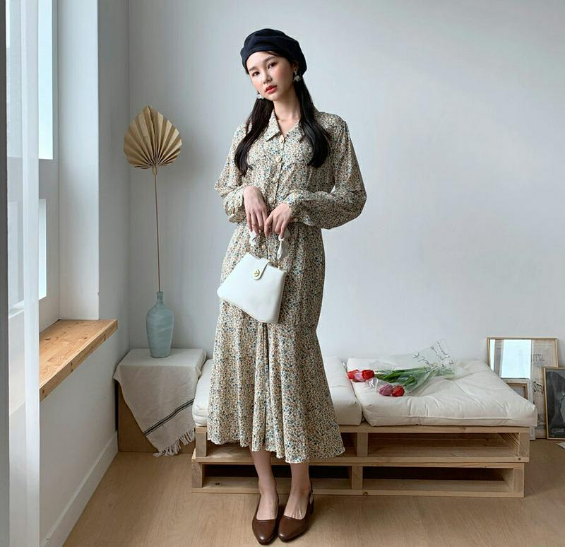 【新作10%OFF】花柄パールボタンカラーワンピース・全2色・b60700 レディース【ops】【韓国 ファッション ワンピース