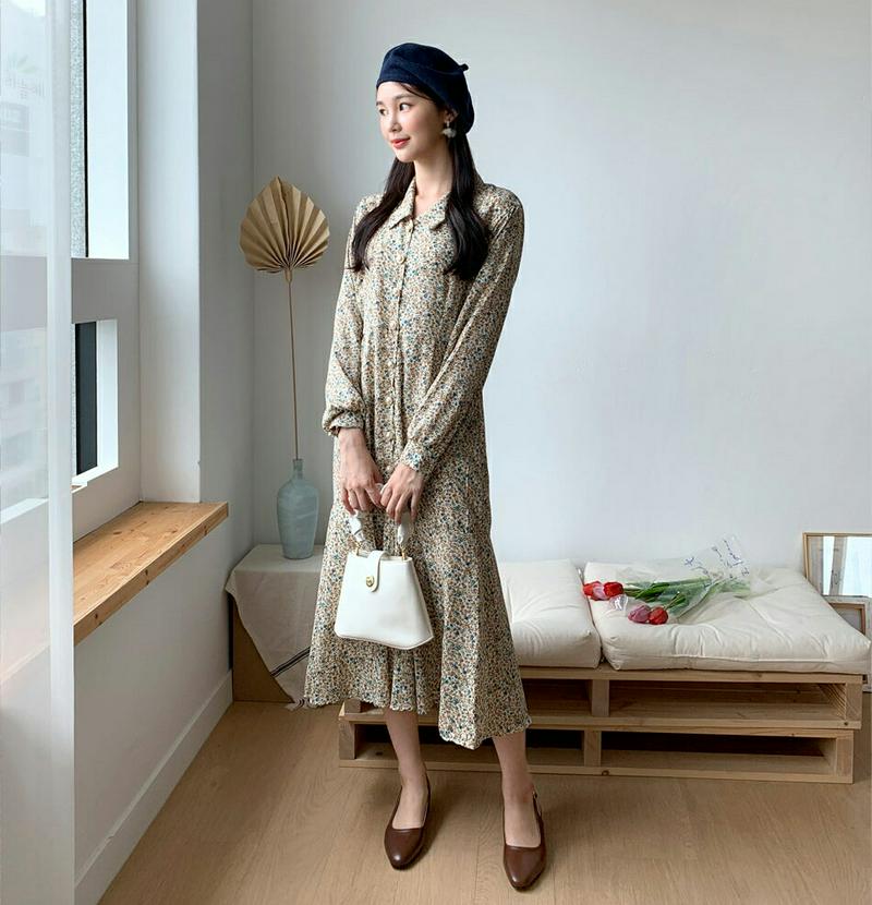 【新作10%OFF】花柄パールボタンカラーワンピース・全2色・b60700 レディース【ops】【韓国 ファッション ワンピース