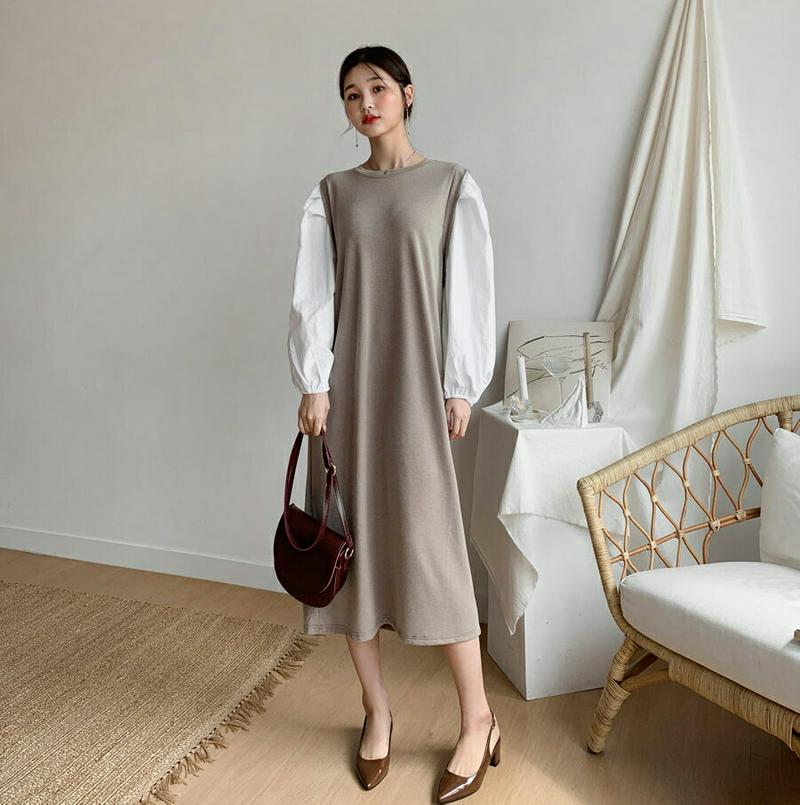 【新作10%OFF】コントラストパフワンピース・全2色・b60729 レディース【ops】【韓国 ファッション ワンピース ロン