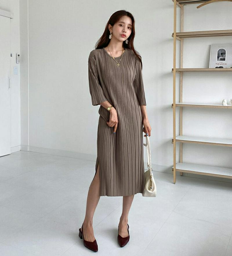 【新作10%OFF】プリーツスリットワンピース・全4色・b60701 レディース【ops】【韓国 ファッション ワンピース ロン